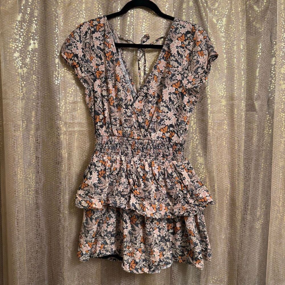 American Eagle Boho Black Orange Pink Floral Linen Blend Smocked Mini Dress Smal